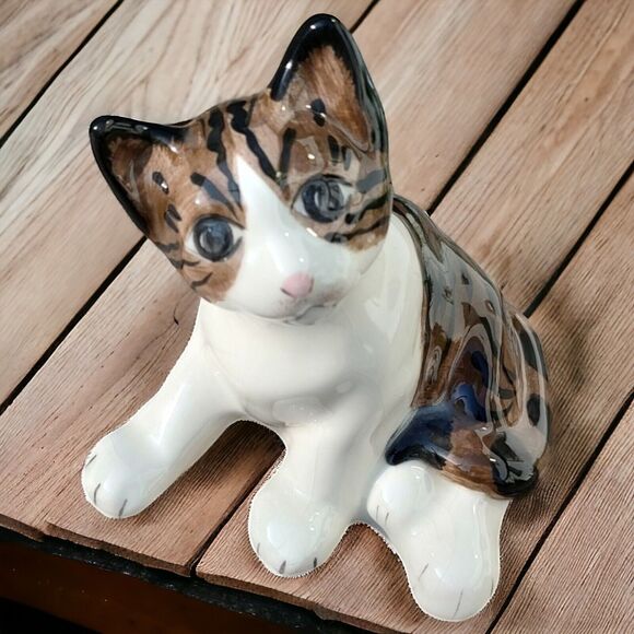 Artist Glazed Studio Art Crackle Heavy Ceramic Sitting Striped Tabby Cat Bookend - Picture 5 of 13